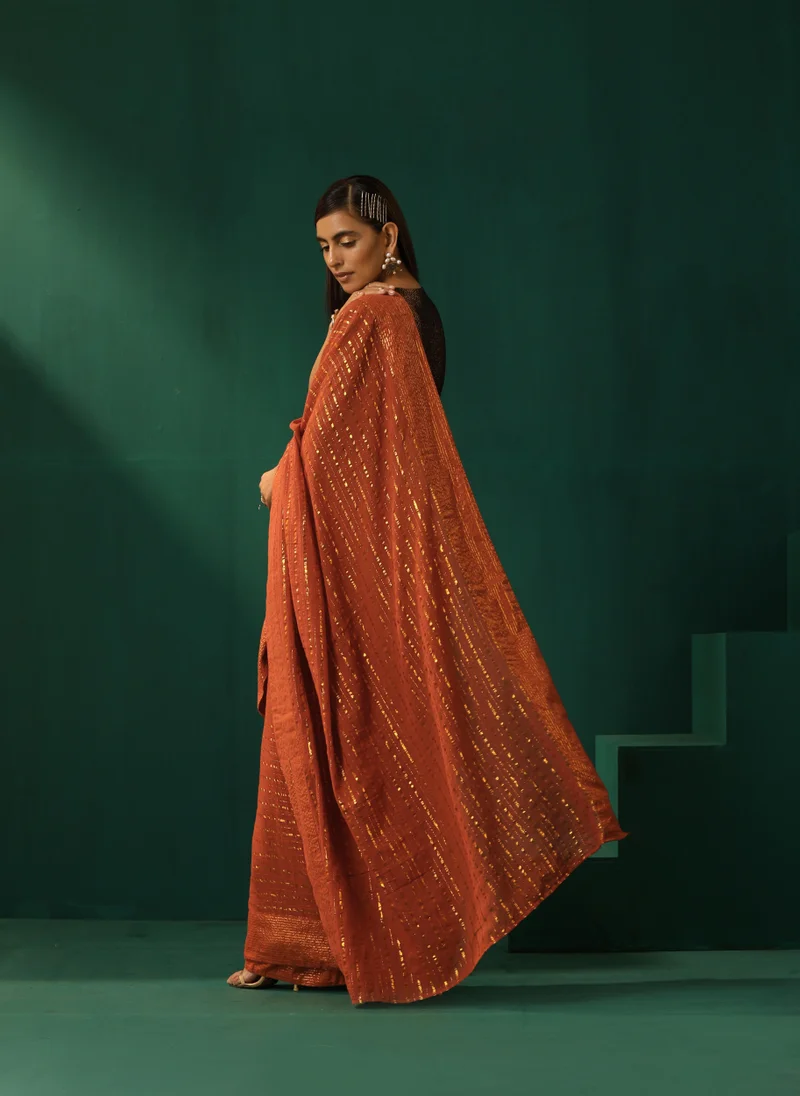 trueBrowns trueBrowns Rust Cotton Gold Striped Pre-Stitched Saree