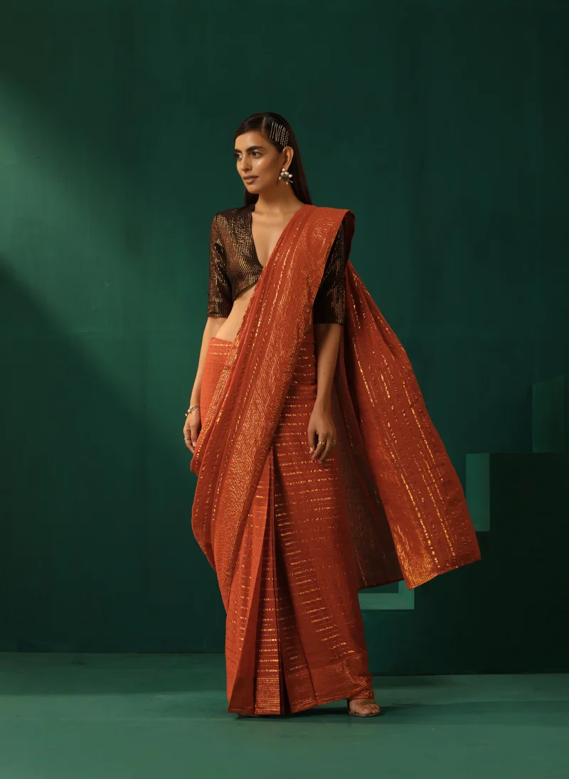 trueBrowns trueBrowns Rust Cotton Gold Striped Pre-Stitched Saree
