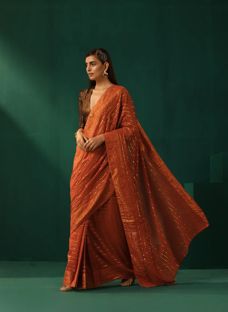 trueBrowns trueBrowns Rust Cotton Gold Striped Pre-Stitched Saree