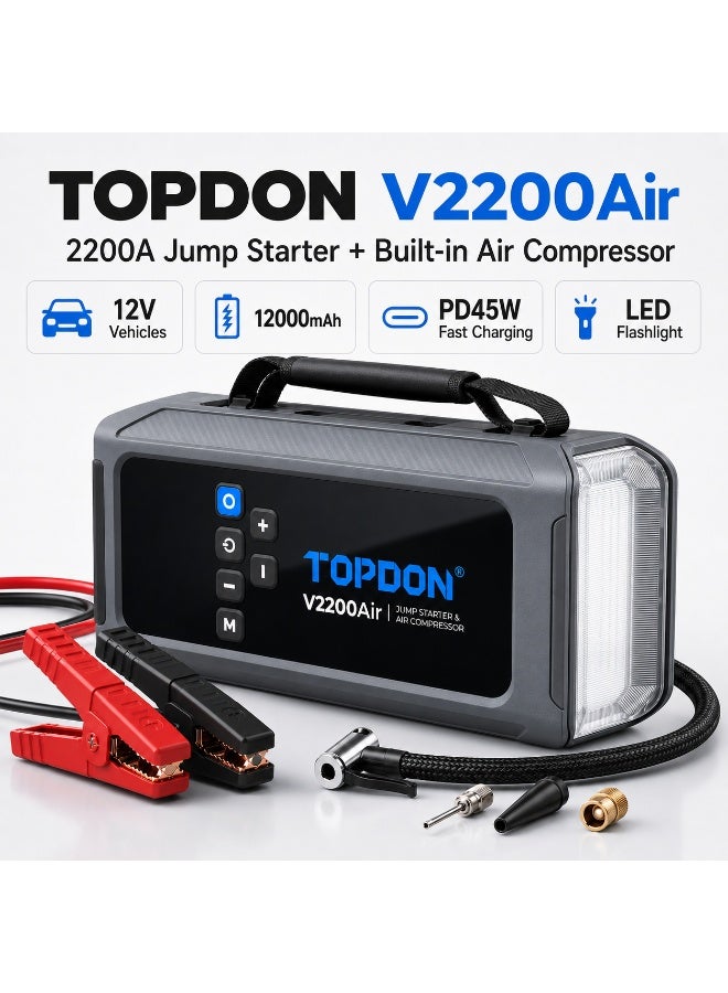 توب دون TOPDON V2200Air 2200A Portable Jump Starter With Digital Tire Inflator, 12000mAh Power Bank, PD45W USB-C Fast Charging, LED Flashlight, Digital Display For 12V Cars, SUVs, Petrol & Diesel Engines - Image 1