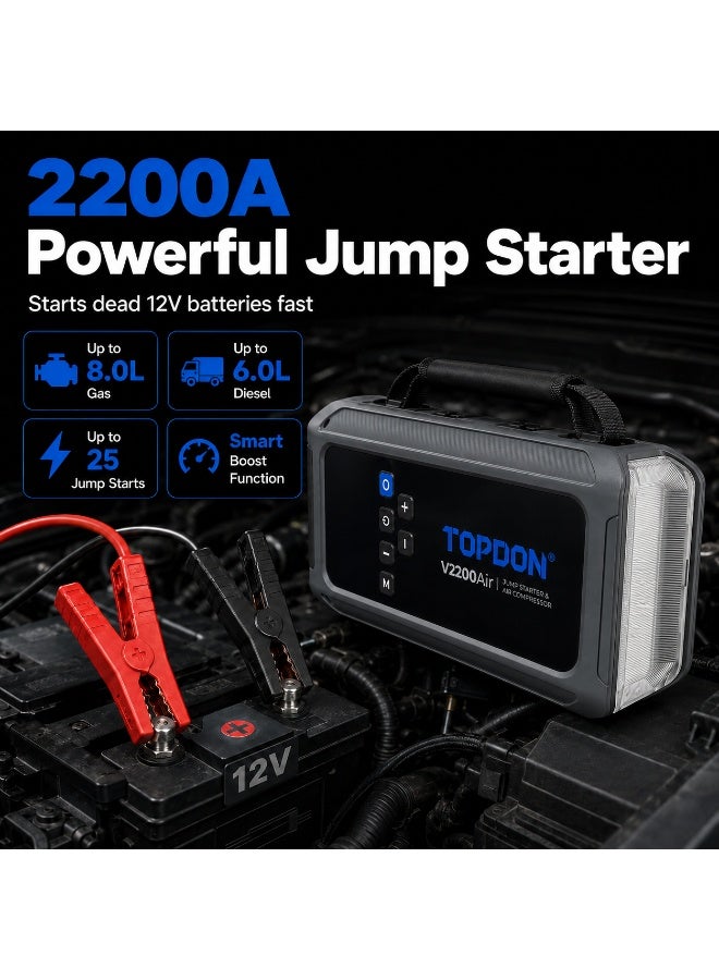 توب دون TOPDON V2200Air 2200A Portable Jump Starter With Digital Tire Inflator, 12000mAh Power Bank, PD45W USB-C Fast Charging, LED Flashlight, Digital Display For 12V Cars, SUVs, Petrol & Diesel Engines - Image 2