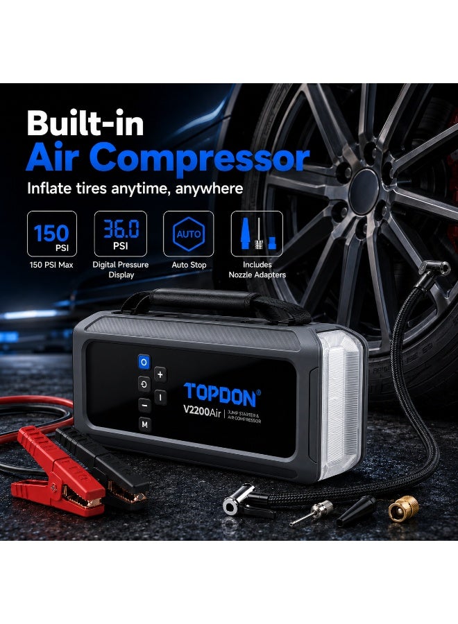 توب دون TOPDON V2200Air 2200A Portable Jump Starter With Digital Tire Inflator, 12000mAh Power Bank, PD45W USB-C Fast Charging, LED Flashlight, Digital Display For 12V Cars, SUVs, Petrol & Diesel Engines - Image 3