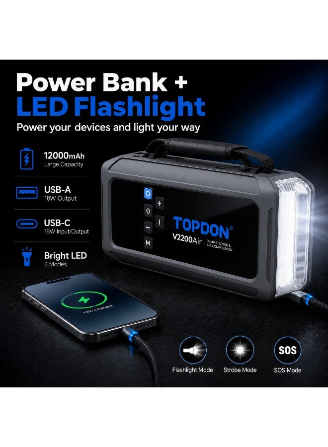 توب دون TOPDON V2200Air 2200A Portable Jump Starter With Digital Tire Inflator, 12000mAh Power Bank, PD45W USB-C Fast Charging, LED Flashlight, Digital Display For 12V Cars, SUVs, Petrol & Diesel Engines - Image 4