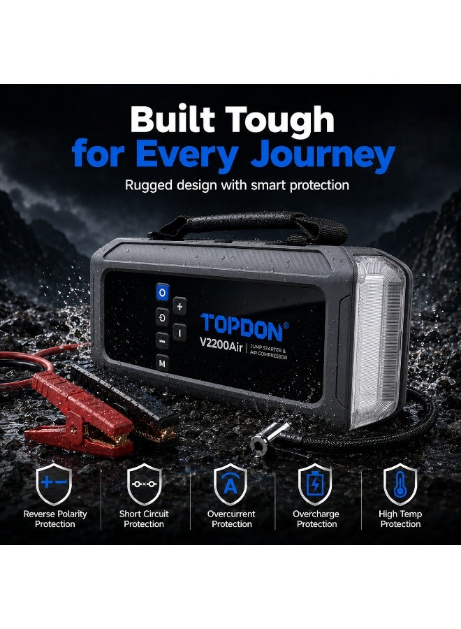 توب دون TOPDON V2200Air 2200A Portable Jump Starter With Digital Tire Inflator, 12000mAh Power Bank, PD45W USB-C Fast Charging, LED Flashlight, Digital Display For 12V Cars, SUVs, Petrol & Diesel Engines - Image 5