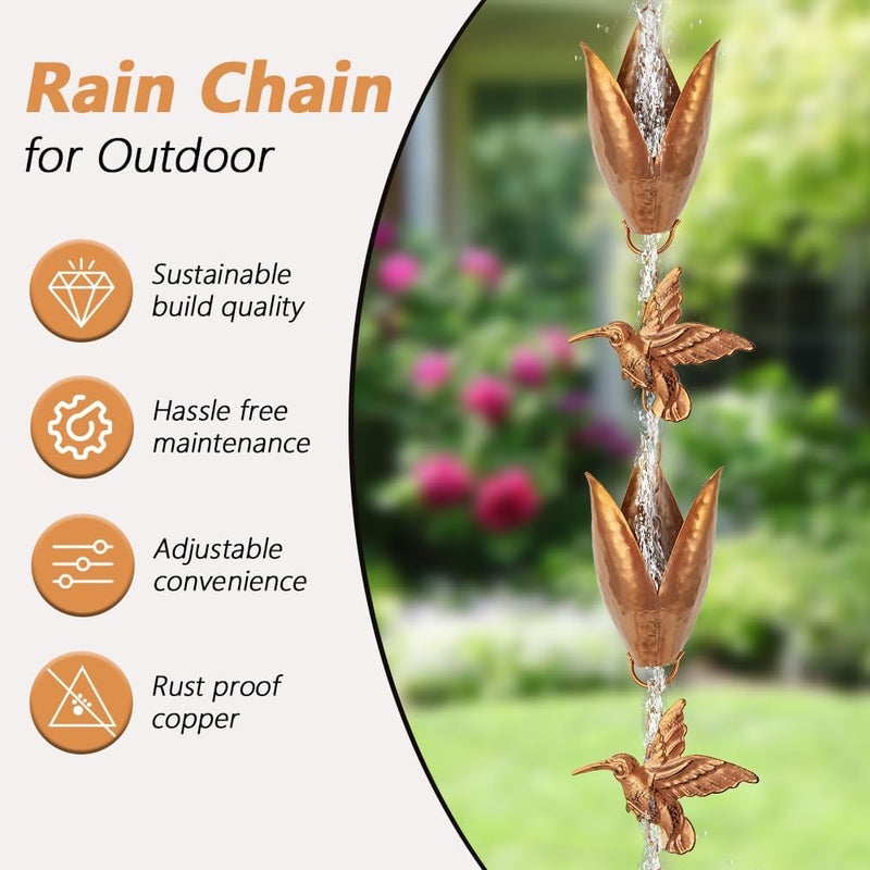 Qipade Store Rain Chains for Gutters, 8.5 Ft Rain Water Chain with 10 Tulip Cups & Detachable Hummingbird Decor, Adjustable Gold Rain Catcher Chain, Replacement for Downspout - Image 5