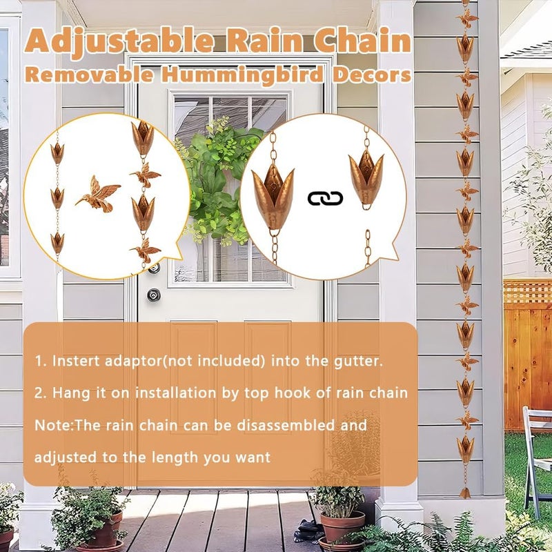 Qipade Store Rain Chains for Gutters, 8.5 Ft Rain Water Chain with 10 Tulip Cups & Detachable Hummingbird Decor, Adjustable Gold Rain Catcher Chain, Replacement for Downspout - Image 4