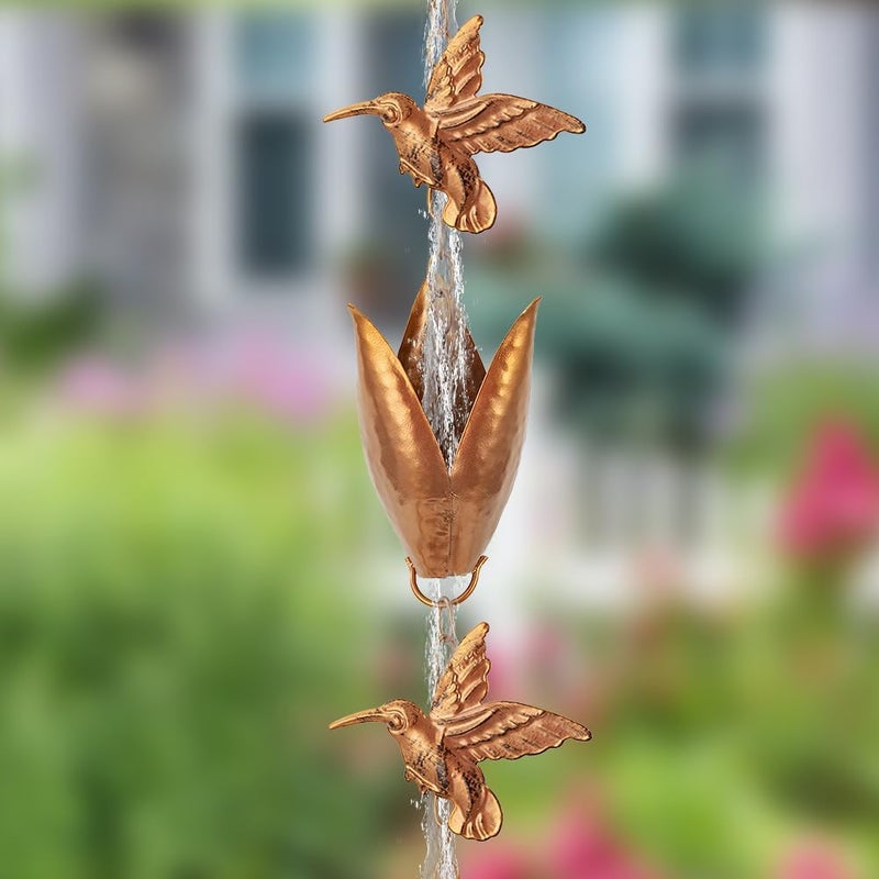 Qipade Store Rain Chains for Gutters, 8.5 Ft Rain Water Chain with 10 Tulip Cups & Detachable Hummingbird Decor, Adjustable Gold Rain Catcher Chain, Replacement for Downspout - Image 2
