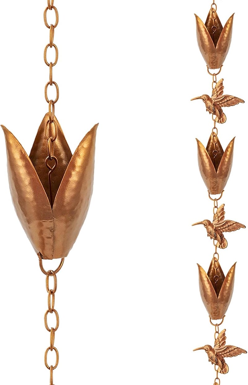 Qipade Store Rain Chains for Gutters, 8.5 Ft Rain Water Chain with 10 Tulip Cups & Detachable Hummingbird Decor, Adjustable Gold Rain Catcher Chain, Replacement for Downspout - Image 1