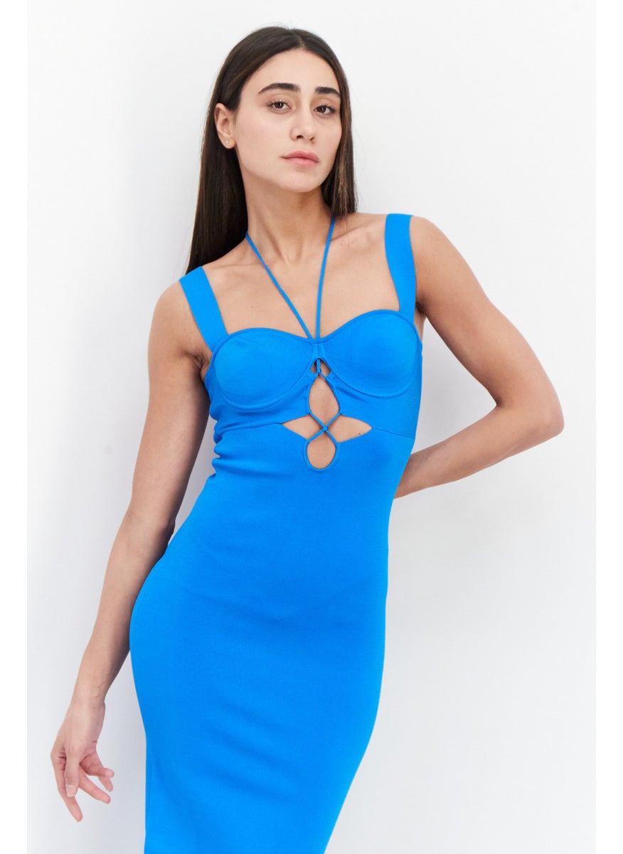 Galvan London - Women Textured Sleeveless Non Padded Underwired Maxi Dress, Blue - Image 1