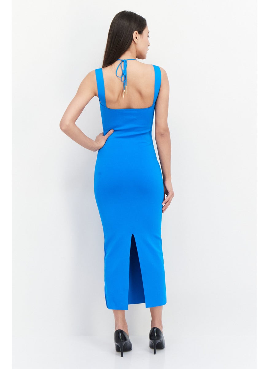Galvan London - Women Textured Sleeveless Non Padded Underwired Maxi Dress, Blue - Image 1