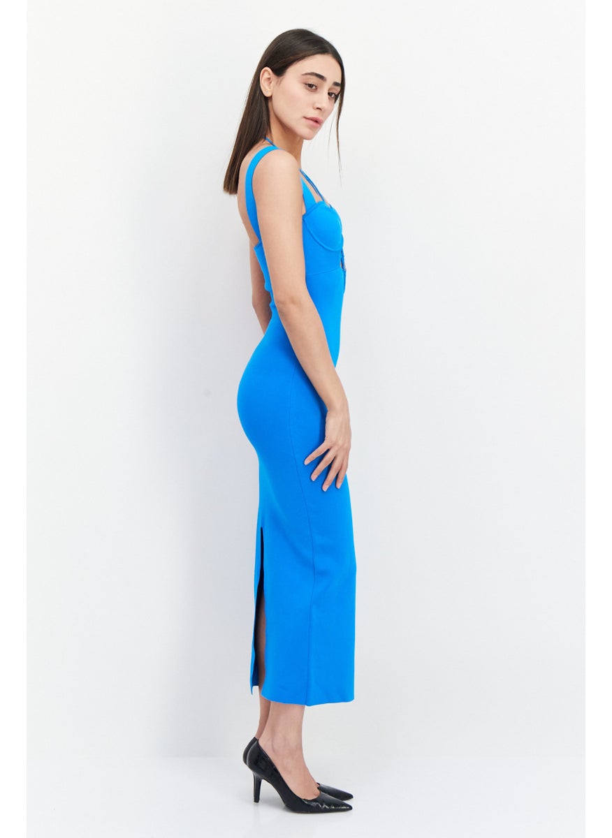 Galvan London - Women Textured Sleeveless Non Padded Underwired Maxi Dress, Blue - Image 1
