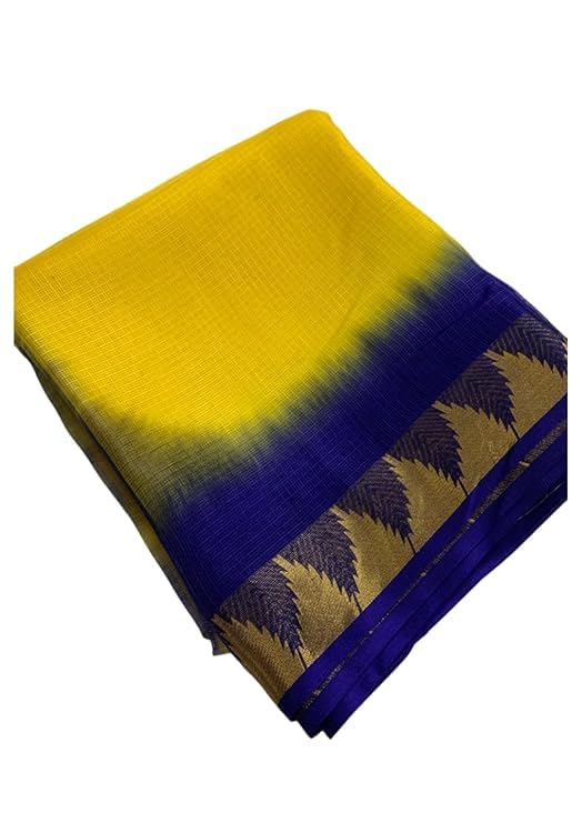SheenKraft | Women's Bhagalpuri Pure Kota Doria Silk Net Saree With Temple Zari Border and Running Blouse Piece (Canary_Yellow_Duke_Blue) - Image 2