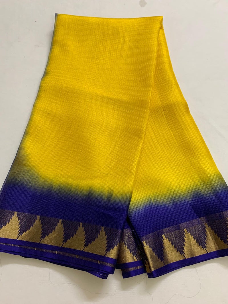 SheenKraft | Women's Bhagalpuri Pure Kota Doria Silk Net Saree With Temple Zari Border and Running Blouse Piece (Canary_Yellow_Duke_Blue) - Image 3