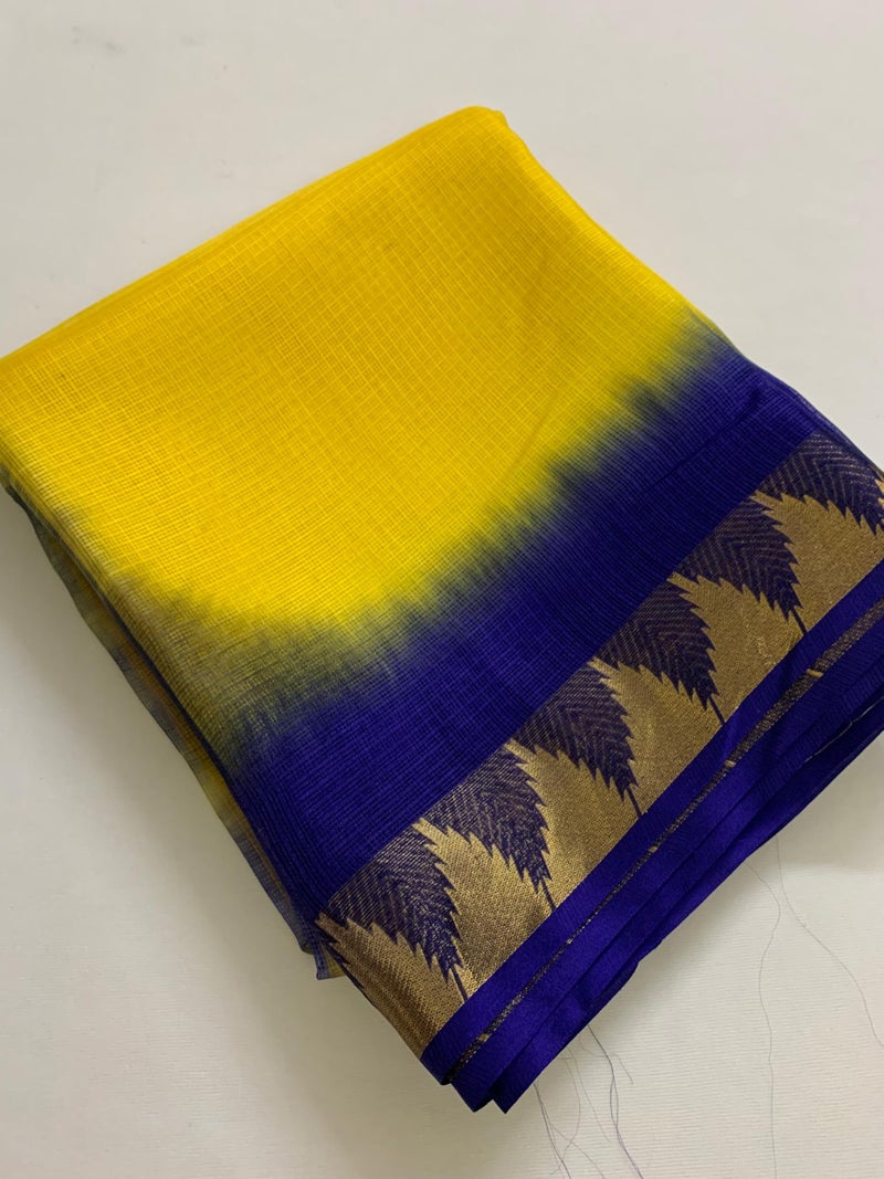 SheenKraft | Women's Bhagalpuri Pure Kota Doria Silk Net Saree With Temple Zari Border and Running Blouse Piece (Canary_Yellow_Duke_Blue) - Image 4