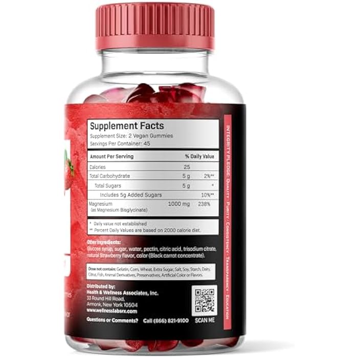 WELLNESS LABSRX Magnesium Glycinate Gummies, 1000 mg - Magnesium Supplement to Support Relaxation, Heart Health - Chewable Calm Magnesio Gummies for Adults, Glicinato De Magnesio - Strawberry Flavor - Image 2