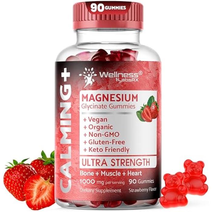 WELLNESS LABSRX Magnesium Glycinate Gummies, 1000 mg - Magnesium Supplement to Support Relaxation, Heart Health - Chewable Calm Magnesio Gummies for Adults, Glicinato De Magnesio - Strawberry Flavor - Image 1