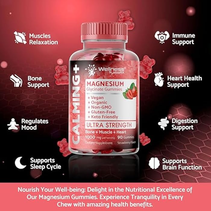 WELLNESS LABSRX Magnesium Glycinate Gummies, 1000 mg - Magnesium Supplement to Support Relaxation, Heart Health - Chewable Calm Magnesio Gummies for Adults, Glicinato De Magnesio - Strawberry Flavor - Image 5