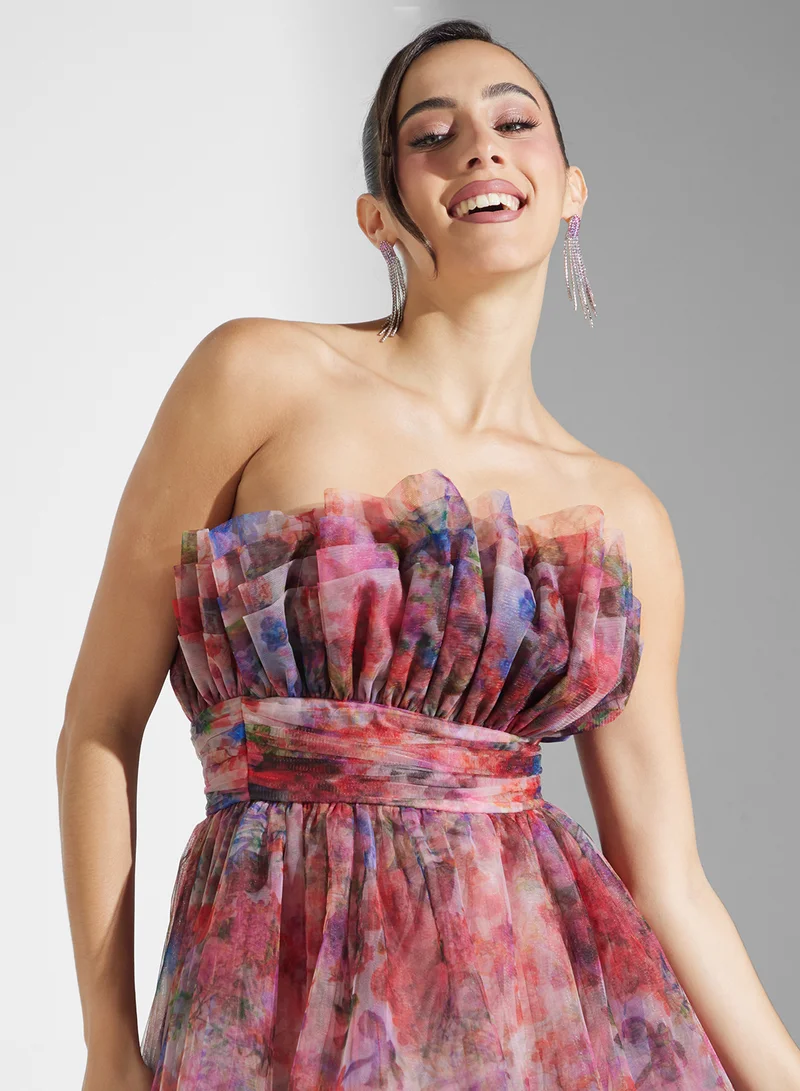 Lace and Beads Floral Tulle Gown Dress