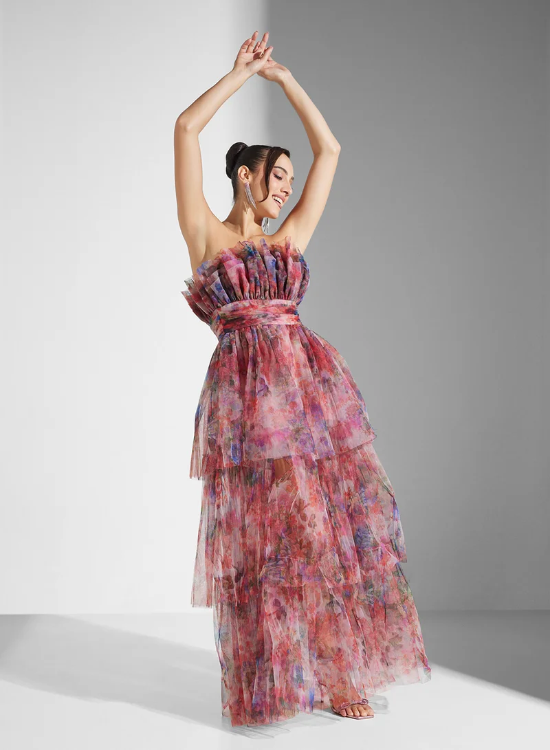 Lace and Beads Floral Tulle Gown Dress
