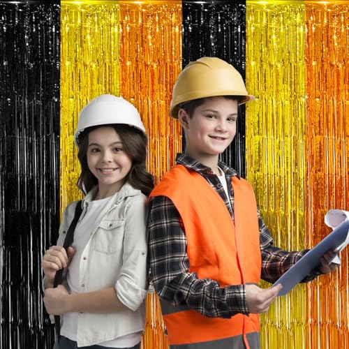 partyzoa 2 Pack Construction Foil Fringe Curtains Backdrop Birthday Party Decorations Supplies, 3.28 x 6.56 Ft Yellow Orange Black Tinsel Streamer Photo Booth Props for Truck Party Decor Favors - Image 2