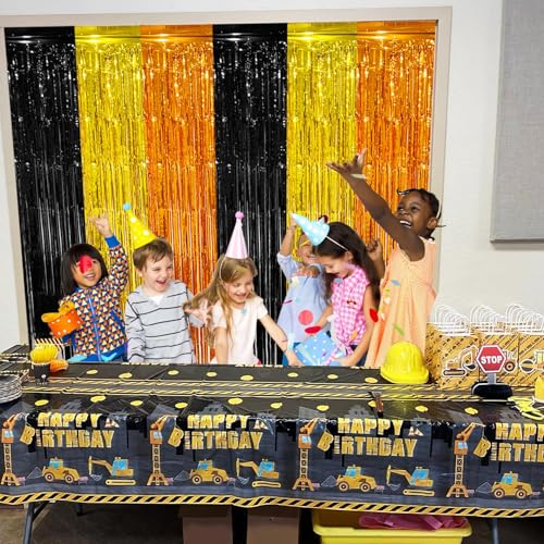 partyzoa 2 Pack Construction Foil Fringe Curtains Backdrop Birthday Party Decorations Supplies, 3.28 x 6.56 Ft Yellow Orange Black Tinsel Streamer Photo Booth Props for Truck Party Decor Favors - Image 5