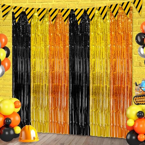 partyzoa 2 Pack Construction Foil Fringe Curtains Backdrop Birthday Party Decorations Supplies, 3.28 x 6.56 Ft Yellow Orange Black Tinsel Streamer Photo Booth Props for Truck Party Decor Favors - Image 1