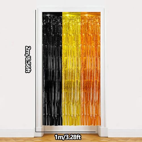 partyzoa 2 Pack Construction Foil Fringe Curtains Backdrop Birthday Party Decorations Supplies, 3.28 x 6.56 Ft Yellow Orange Black Tinsel Streamer Photo Booth Props for Truck Party Decor Favors - Image 4