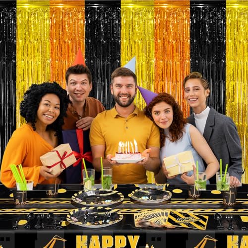 partyzoa 2 Pack Construction Foil Fringe Curtains Backdrop Birthday Party Decorations Supplies, 3.28 x 6.56 Ft Yellow Orange Black Tinsel Streamer Photo Booth Props for Truck Party Decor Favors - Image 3
