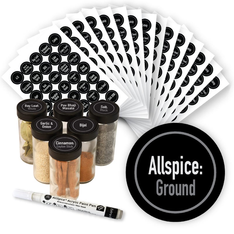 AllSpice Ultimate Spice label Set 525 Preprinted Water Resistant Round Spice Jar Labels Set 15 with Extra Fine White Paint PenModern Black