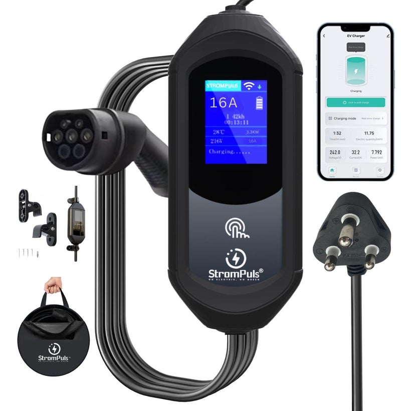 Strompuls 3.6kW Portable EV Charger, Smart APP, Adjustable Amps, 6 Meter TPU Cable, 16A 1 Phase, 3" Large Screen, Bag, Wallholder, Surge & Pen Protection, Earthing Off Option. 5 Years Warranty* - Image 1