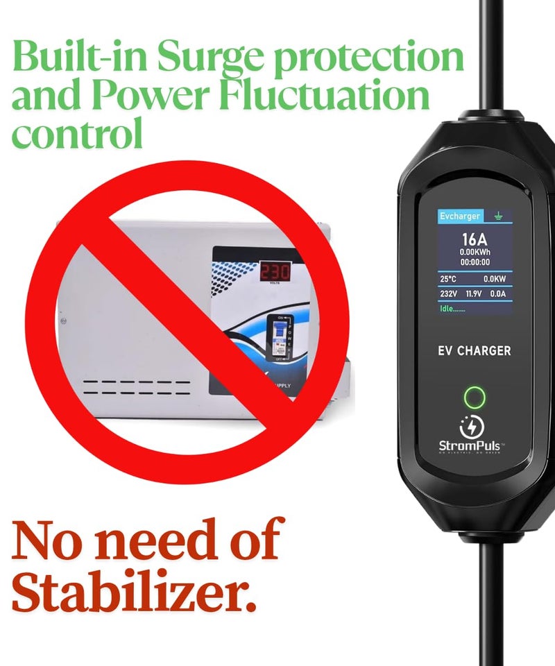 Strompuls 3.6kW Portable EV Charger, Smart APP, Adjustable Amps, 6 Meter TPU Cable, 16A 1 Phase, 3" Large Screen, Bag, Wallholder, Surge & Pen Protection, Earthing Off Option. 5 Years Warranty* - Image 3
