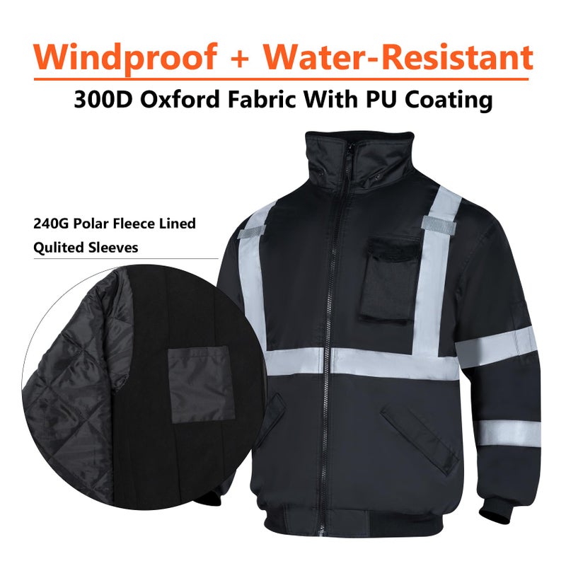 VENDACE High Visibility Reflective Safety Jackets for Men Polar Fleece Lining ANSI Class 1 Hi Vis Winter Bomber Jacket Hoodie(Black,XL) - Image 4