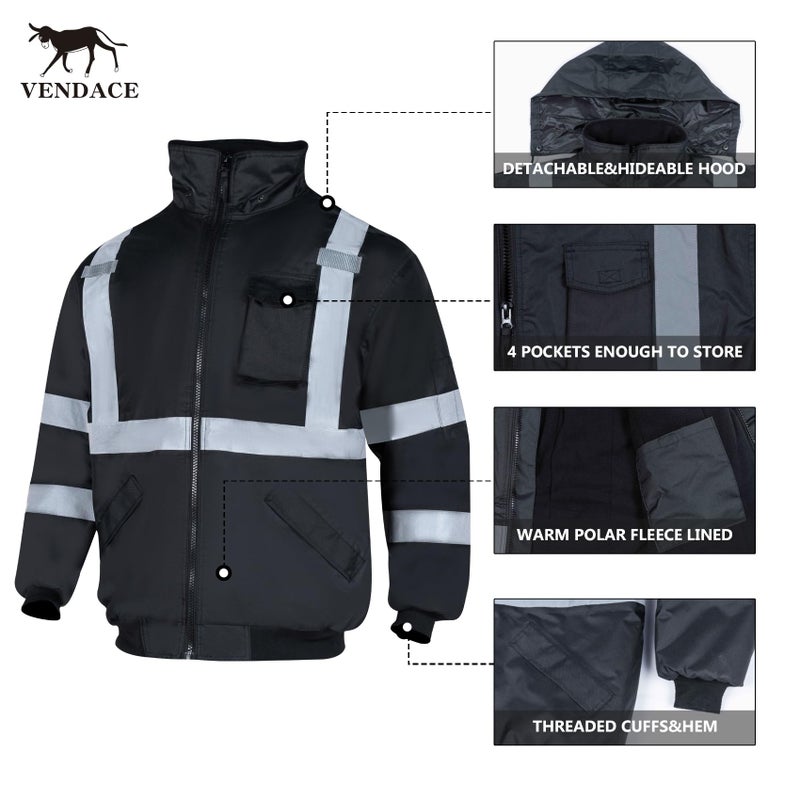 VENDACE High Visibility Reflective Safety Jackets for Men Polar Fleece Lining ANSI Class 1 Hi Vis Winter Bomber Jacket Hoodie(Black,XL) - Image 5