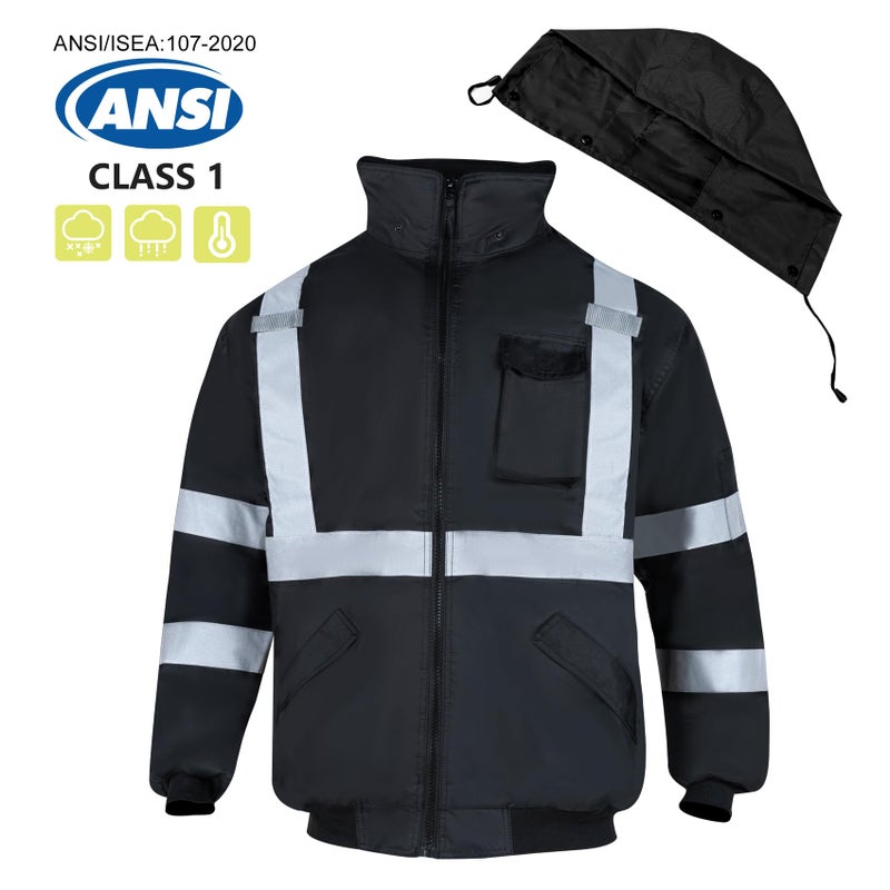 VENDACE High Visibility Reflective Safety Jackets for Men Polar Fleece Lining ANSI Class 1 Hi Vis Winter Bomber Jacket Hoodie(Black,XL) - Image 2