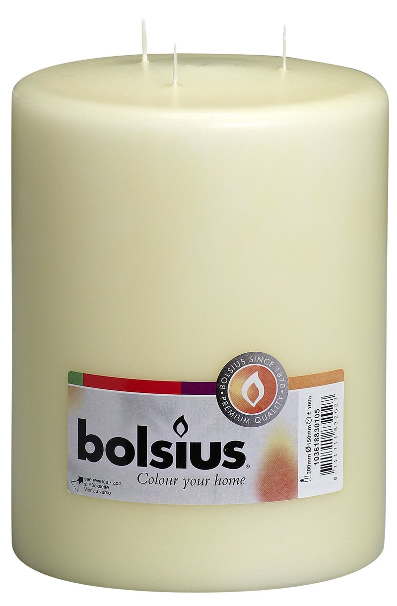 BOLSIUS 3 Wick Ivory Pillar Candle Large  6x8 Inches  Premium European Quality  100 Hours Burning Time  Smooth And Smokeless Flame  Relight Unscented Wedding Dinner Party and Dcor Candle
