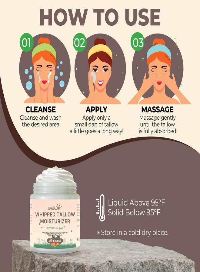 Clariglow Whipped Beef Tallow Face Moisturizer | 100% Grass Fed Beef Tallow Skin Face Balm Cream | Lotion Balm Body Moisturizer with Honey & Almond | 4 oz | Natural Skin Care - Image 5