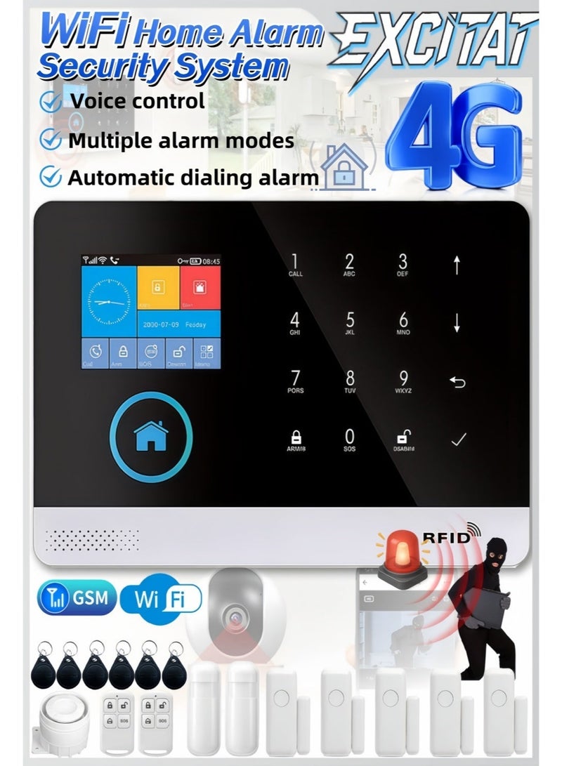 excitat WiFi GSM Home Alarm Security System, 2.4in LCD Wireless DIY Smart Home Burglar Security Alarm System 17 Piece Kit, Compatible with Alexa Google Home Voice Control and Google Assistant - Image 1
