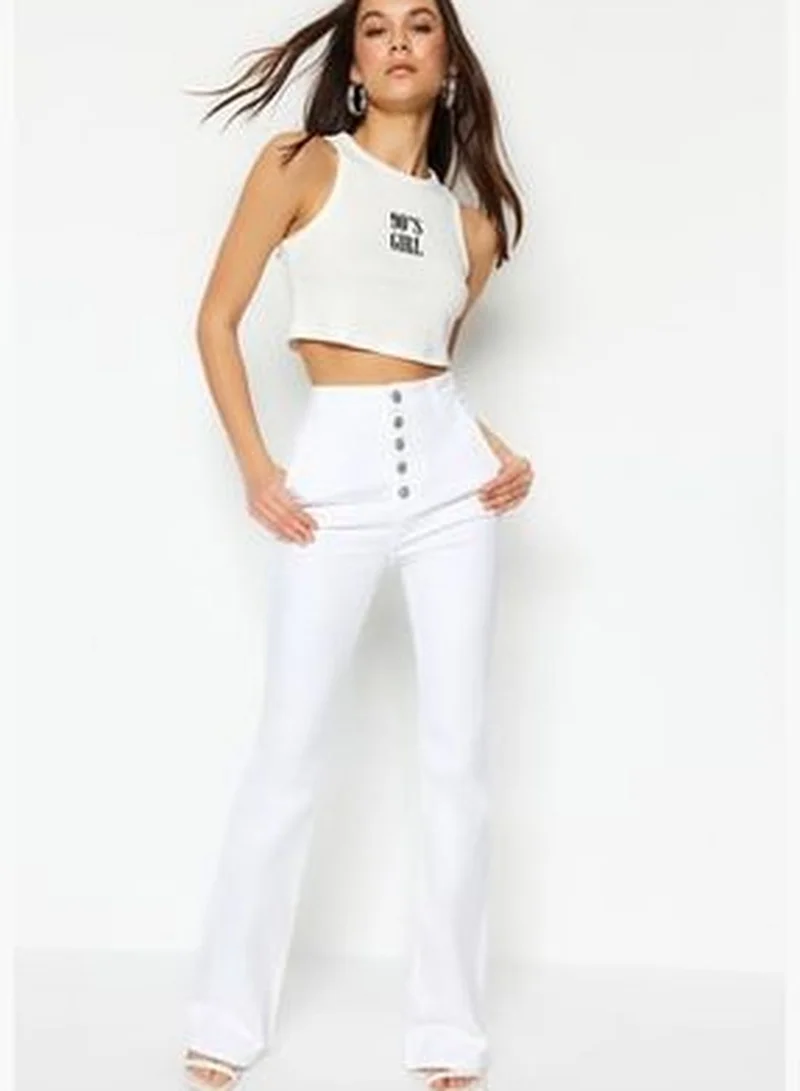 trendyol White High Waist Flare Jeans With Buttons In The Front TWOSS23JE00263