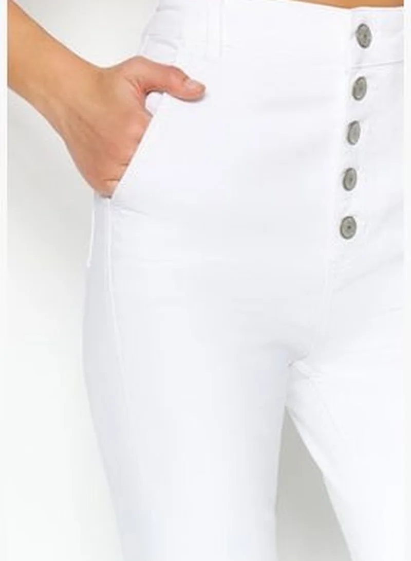 trendyol White High Waist Flare Jeans With Buttons In The Front TWOSS23JE00263