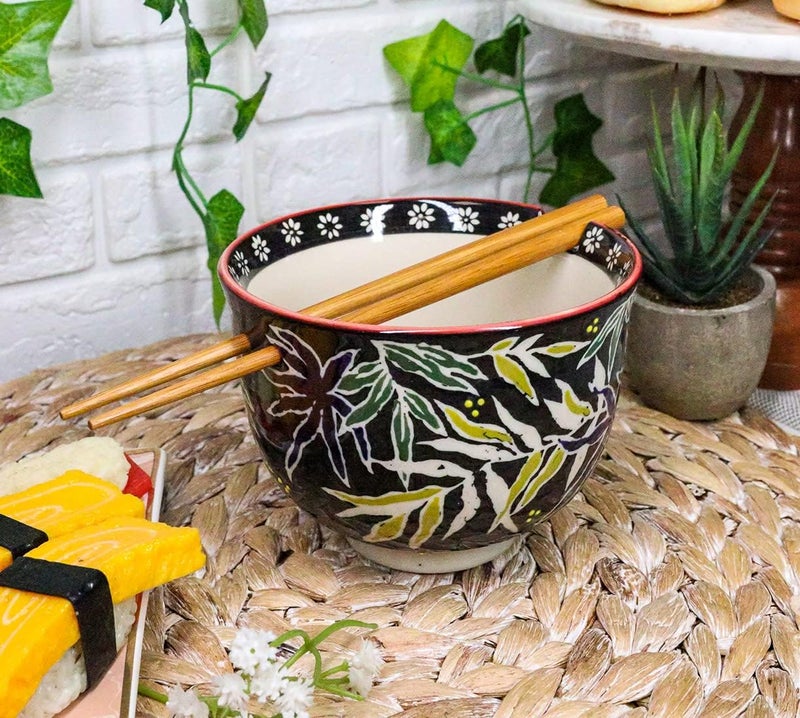 Ebros Gift Ebros Starry Night Sky Bamboo Leaves Ramen Udong Noodles Ceramic Porcelain Bowl With Built In Chopsticks Rest and Bamboo Chopstick Set for Kitchen Dining Soup Rice Meal Bowls 2 - Image 2