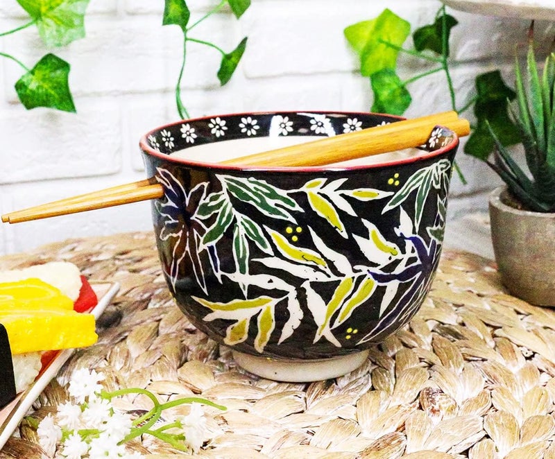 Ebros Gift Ebros Starry Night Sky Bamboo Leaves Ramen Udong Noodles Ceramic Porcelain Bowl With Built In Chopsticks Rest and Bamboo Chopstick Set for Kitchen Dining Soup Rice Meal Bowls 2 - Image 1