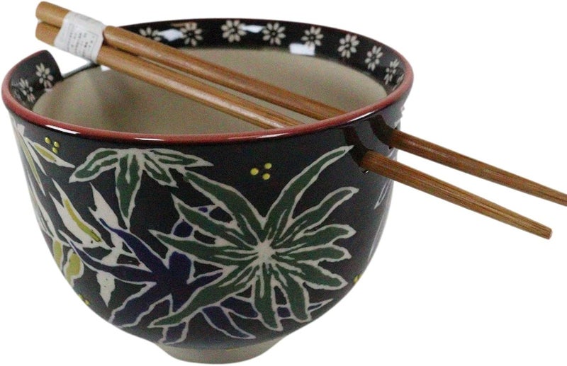 Ebros Gift Ebros Starry Night Sky Bamboo Leaves Ramen Udong Noodles Ceramic Porcelain Bowl With Built In Chopsticks Rest and Bamboo Chopstick Set for Kitchen Dining Soup Rice Meal Bowls 2 - Image 3