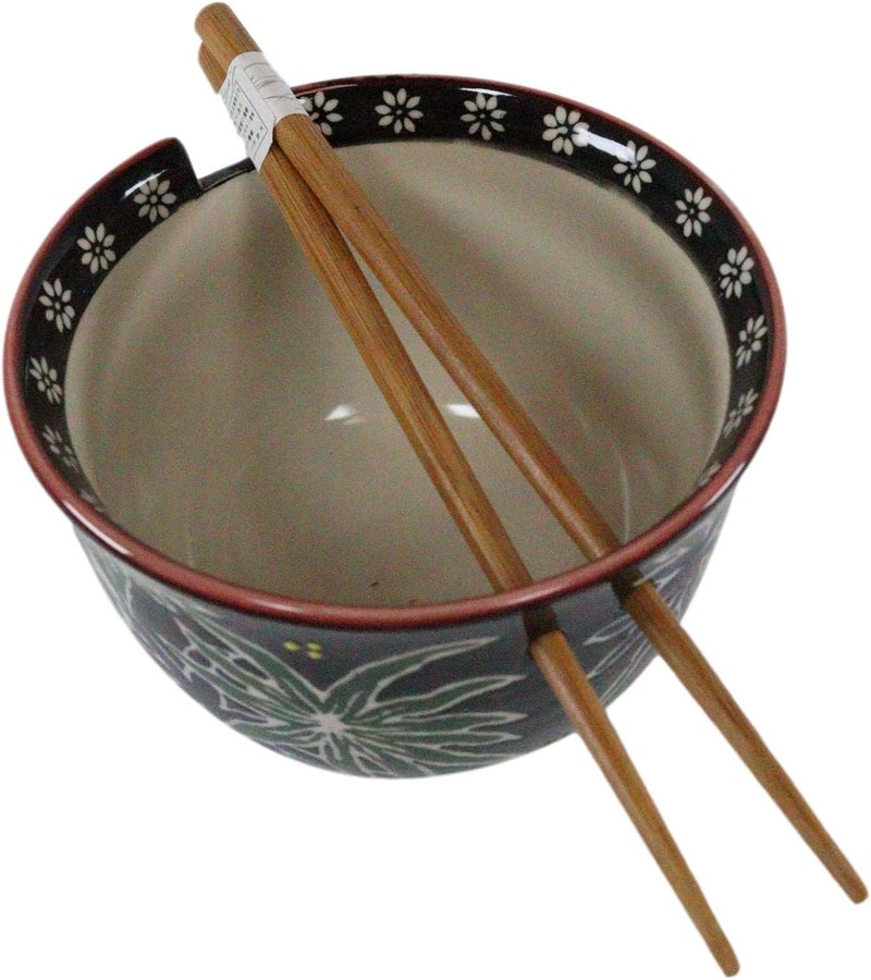Ebros Gift Ebros Starry Night Sky Bamboo Leaves Ramen Udong Noodles Ceramic Porcelain Bowl With Built In Chopsticks Rest and Bamboo Chopstick Set for Kitchen Dining Soup Rice Meal Bowls 2 - Image 4