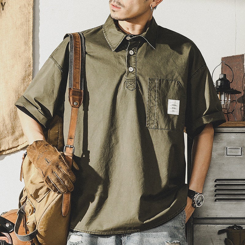Men's Washed Heavyweight Polo Shirt Casual Loose Fit Summer Top - Image 2