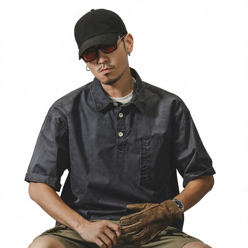 Men's Washed Heavyweight Polo Shirt Casual Loose Fit Summer Top - Image 1