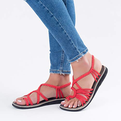 Plaka Palm Leaf Flat Summer Sandals for Women | Perfect for The Beach Walking & Dressy Occasions | Coral Red | Size 8 - Image 2