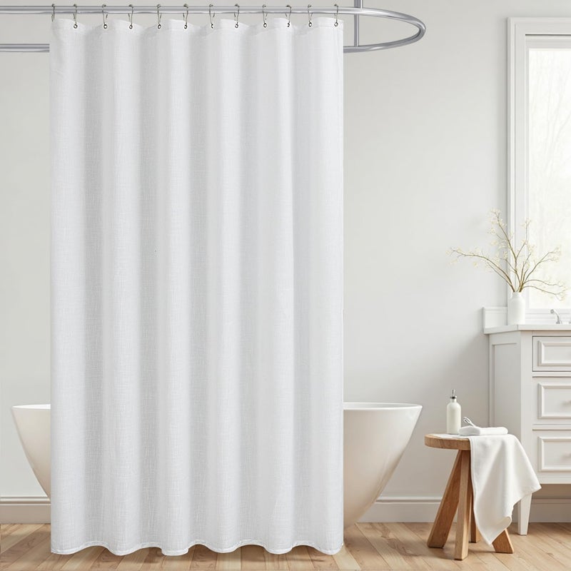 White Shower Curtain FabricLinen Washable Cloth Boho Farmhouse Sheer Semi Transparent Faux Cotton Textured Not See Through Simple Waterproof Shower Curtains for Bathroom Set 72x72 72 Inch Long