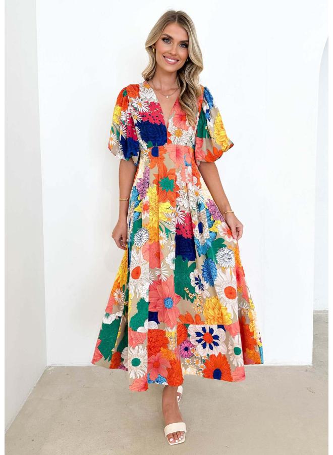 European And American Women's Summer New Floral Print Puff Sleeve A- Line Dress Temperament Dress