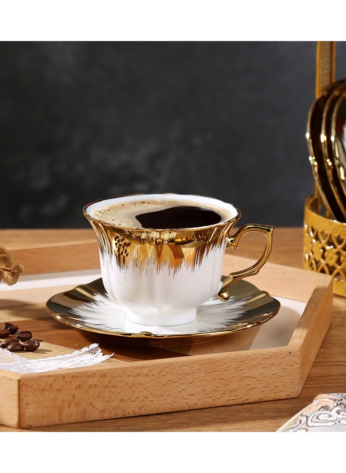 كوب إسبرسو أوروبي*6 مع صحن*6 وحامل معدني*1 طقم فناجين قهوة مع إبريق شاي*1 (حافة ذهبية) - Image 3
