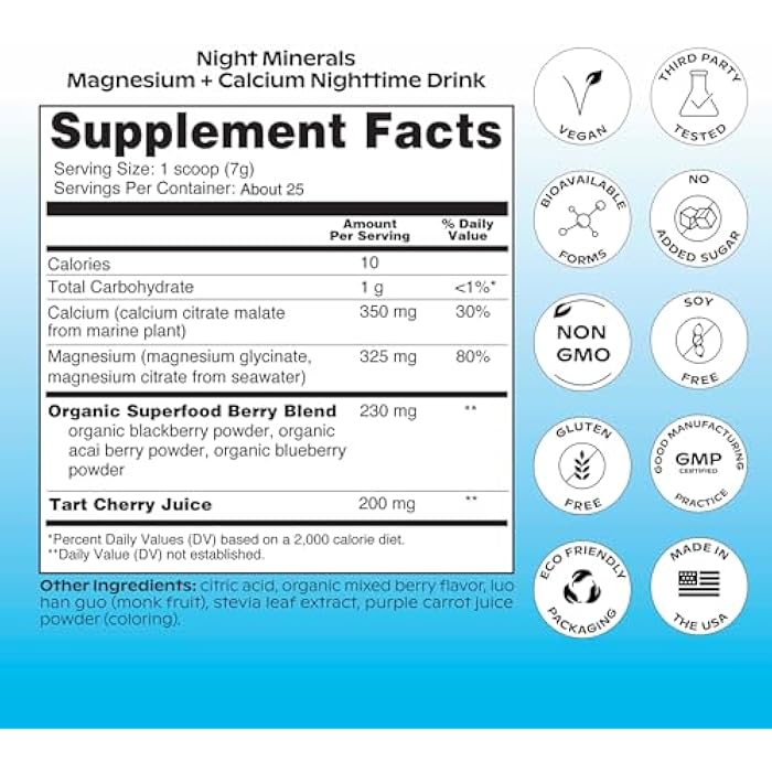 wholier Magnesium Glycinate, Tart Cherry Juice, Chelated Calcium. Calming Nighttime Drink. Natural Support for Sleep, Stress + Relaxation. Night Minerals. (About 25 Servings) - Image 5